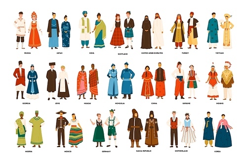 Collection of men and women dressed in folk costumes of various countries isolated on white . Set of people wearing ethnic clothing. Colorful vector illustration in flat cartoon style