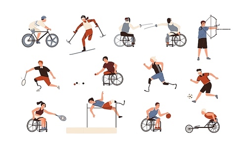 Collection of male and female paralympic athletes isolated on white . Bundle of disabled people with prosthetic limbs performing sports activities. Flat cartoon vector illustration