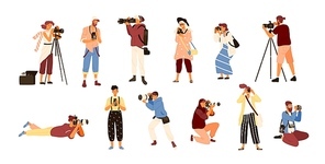 Set of various photographers holding photo camera and photographing. Creative profession or occupation. Cute female and male cartoon characters take photo shot. Colored vector illustration flat style