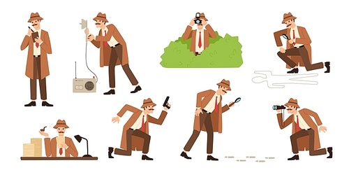 Bundle of detective with mustache looking through magnifying glass, sneaking, spying, solving crime, photographing. Male cartoon character isolated on white . Flat vector illustration.