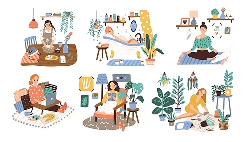 Set of women enjoying their free time, performing leisure activities and doing hobbies - cultivating home garden, meditating, taking bath, reading book, cooking. Flat cartoon vector illustration