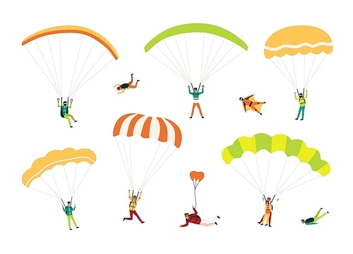 Collection of parachutists and skydivers isolated on white . Bundle of people performing free fall, parachuting and wingsuit flying. Colorful vector illustration in flat cartoon style.