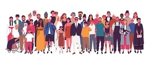 Diverse multiracial and multicultural group of people isolated on white . Happy old and young men, women and children standing together. Social diversity. Flat cartoon vector illustration
