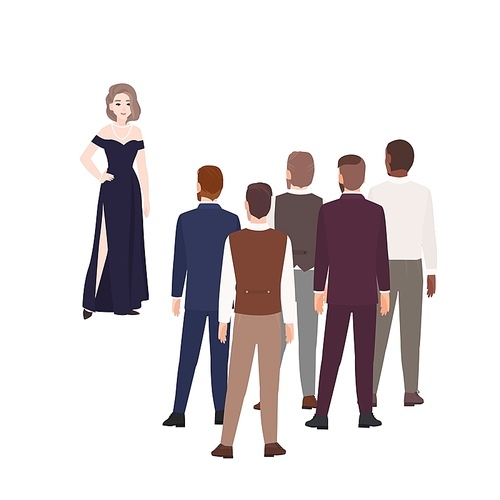 Gorgeous woman in evening dress standing in front of group of men dressed in formal clothing. Concept of girl choosing husband. Cartoon characters isolated on white . Vector illustration