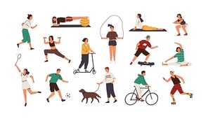 Set of funny people performing sports activities, fitness workout or playing games. Bundle of training or exercising men and women isolated on white background. Flat cartoon vector illustration