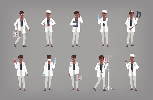 Set of African American female doctor, physician or surgeon standing in various positions. Bundle of black woman in white coat holding medical equipment. Flat cartoon colorful vector illustration