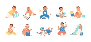 Collection of happy adorable babies playing with various toys - building kit, ball, rattle. Set of playful infant children isolated on white background. Flat cartoon colorful vector illustration