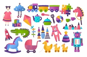 Collection of toys for child development and entertainment isolated on white background. Bundle of tools for kid's amusement and play. Bright colored vector illustration in flat cartoon style.