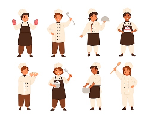 Collection of cute smiling children cooks or kids chefs. Bundle of young kitchen workers cooking and serving meals, boys and girls wearing uniform and toques. Flat cartoon vector illustration