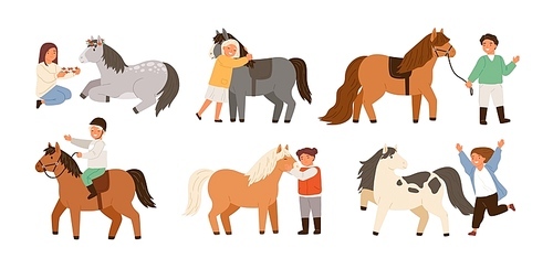 Collection of children and ponies. Set of cute happy boys and girls practicing horseback riding, playing with their domestic animals, caring about them. Flat cartoon colorful vector illustration