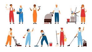 Set of smiling male and female cleaning service workers, home cleaners or housekeepers with floor polishing machines, mops, wipers isolated on white . Flat cartoon vector illustration
