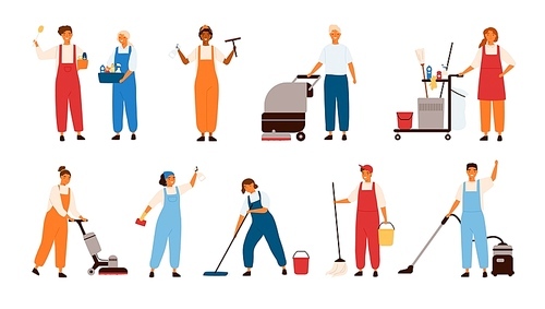 Set of smiling male and female cleaning service workers, home cleaners or housekeepers with floor polishing machines, mops, wipers isolated on white . Flat cartoon vector illustration