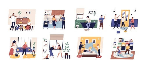Collection of cute funny people doing housework. Set of men, women and children washing dishes, cleaning windows, vacuuming carpet, folding clothes, making bed. Flat cartoon vector illustration