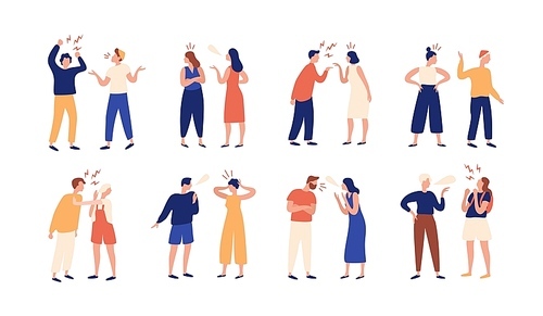 Collection of pairs of people during conflict or disagreement. Set of men and women quarreling, brawling, bickering, shouting at each other. Colorful vector illustration in flat cartoon style.