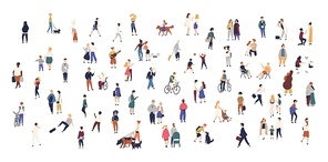 Crowd of tiny people walking with children or dogs, riding bicycles, standing, talking, running. Cartoon men and women performing outdoor activities on city street. Flat colorful vector illustration