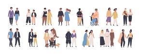 Collection of different types of romantic relationships and marriage - polygyny, interracial, lgbt and elderly couples isolated on white . Love diversity. Flat cartoon vector illustration.