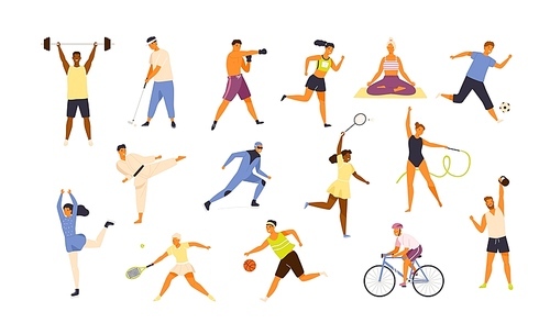 Collection of cute funny men and women performing various sports activities. Bundle of happy training or exercising people isolated on white . Vector illustration in flat cartoon style