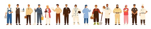 Collection of men and women of various occupations or profession wearing professional uniform - construction worker, farmer, physician, waiter, cleaner, astronaut. Flat cartoon vector illustration