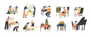 Collection of people enjoying their hobbies - home gardening, culinary, sewing, drawing, paper collage making, floristics, writing, piano playing. Colorful vector illustration in flat cartoon style.