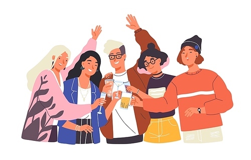 Group of happy boys and girls clinking glasses and drinking alcohol at celebratory party. Portrait of cute joyful friends celebrating together. Colorful vector illustration in flat cartoon style