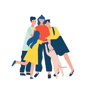 Group of people and dog surrounding and hugging or embracing young woman. Friends' support, care, love and acceptance. True friendship. Bright colored vector illustration in flat cartoon style.
