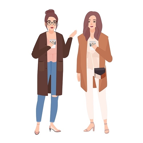 Pair of two young pretty smiling women standing together, drinking coffee and talking. Friendly meeting of two girlfriends. Cute female characters. Colorful vector illustration in flat cartoon style