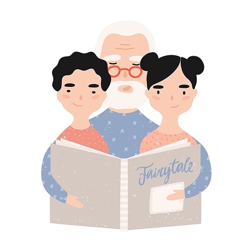 Granddad reading book with grandchildren. Grandfather telling fairytales to his grandson and granddaughter. Portrait of elderly grandparent and grandkids. Vector illustration in flat cartoon style.