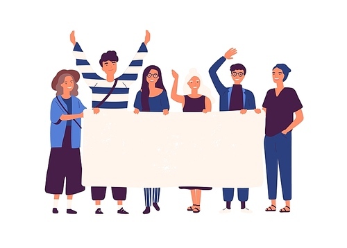 Group of young men and women standing together and holding blank banner. People taking part in parade or rally. Male and female protesters or activists. Flat cartoon colorful vector illustration