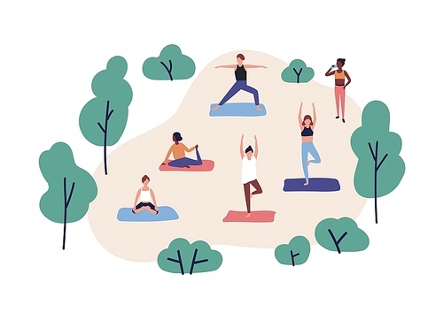 Funny people practicing yoga in park. Group of cute men and women performing gymnastic exercise outdoor. Aerobics training, fitness or sports activity. Flat cartoon colorful vector illustration