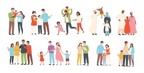 set of happy  heterosexual families with children. smiling mother, father and kids. cute cartoon characters isolated on white background. colorful vector illustration in flat style.