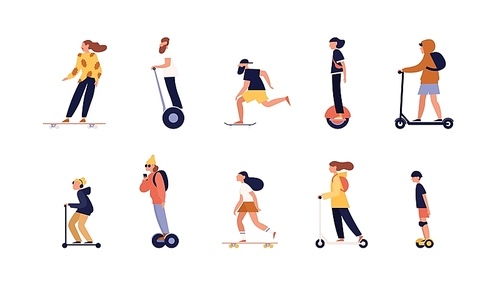 Collection of people riding skateboard, longboard and modern personal transporters - hoverboard or self-balancing board, electric unicycle, motorized kick scooter. Flat cartoon vector illustration