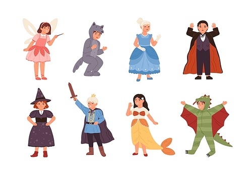 Set of cute children wearing costumes of fairytale characters - prince, dragon, pixie, witch, vampire, mermaid, wolf, cinderella. Kids dressed for carnival or party. Flat cartoon vector illustration