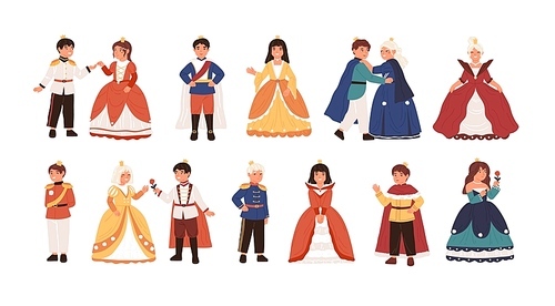 Collection of cute little princes and princesses isolated on white . Bundle of happy children dressed as kings and queens for carnival or royal ball. Flat cartoon vector illustration
