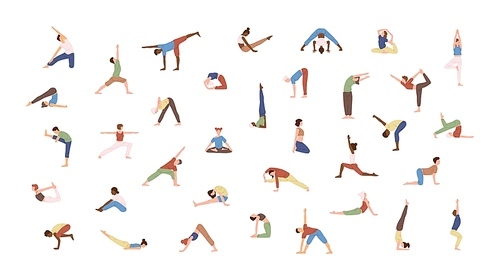 Crowd of tiny people performing yoga exercises. Men and women practicing Asana isolated on white . Spiritual practice and physical activity. Flat cartoon colored vector illustration.