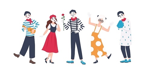Collection of male and female mimes isolated on white . Set of people acting out stories through body motions. Bundle of performance artists or performers. Flat cartoon vector illustration