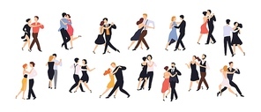 Collection of pairs of dancers isolated on white background. Men and women performing dance at school, studio, party. Male and female cartoon characters dancing tango at Milonga. Vector illustration