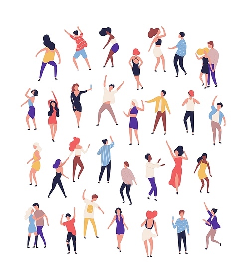 Collection of tiny people dancing on dance floor at night club isolated on white . Joyful men and women having fun at rave, disco party or music festival. Flat cartoon vector illustration