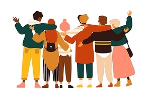 Back view of teenage boys and girls or school friends standing together, embracing each other, waving hands. Group of students or pupils isolated on white . Flat cartoon vector illustration