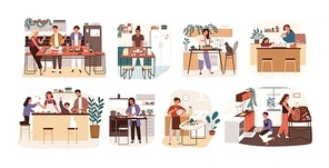 Collection of people cooking in kitchen, serving table, dining together, eating food. Set of smiling men, women and children preparing homemade meals for dinner. Flat cartoon vector illustration