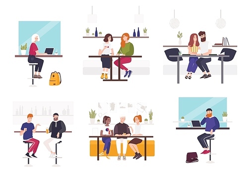 Set of men and women sitting at cafe or restaurant tables - working on laptop, talking to each other, drinking coffee or beer with friend. Male and female flat cartoon characters. Vector illustration.