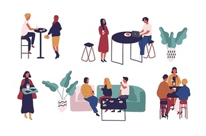 Collection of people sitting at tables, drinking coffee or tea and talking to each other. Set of men and women at cafe or coffeehouse. Colorful vector illustration in trendy flat cartoon style
