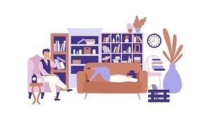 Lazy people relaxing in living room full of exquisite furniture. Man and woman spending time at home and lazing around. Laziness and idleness. Colorful vector illustration in trendy flat style