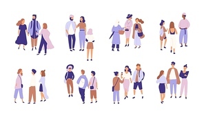 Collection of people talking or chattering to each other. Bundle of groups of men and women having conversation or dialog. Friendly communication. Colored vector illustration in flat cartoon style
