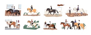 Collection of people riding horses. Bundle of cute men, women and children practicing horseback riding or equestrianism, caring about their domestic animals. Flat cartoon colorful vector illustration