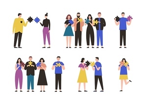 Male and female characters standing alone, in pair or group and holding jigsaw puzzle pieces. Concept of connection between people, riddle or problem solving. Flat cartoon vector illustration.