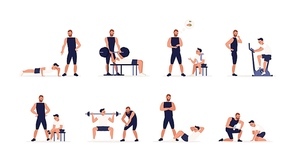 Personal couch or fitness trainer helps man during strength, power or cardio training, weight lifting, gym workout, sports exercise, gives advice on nutrition. Flat cartoon set. Vector illustration