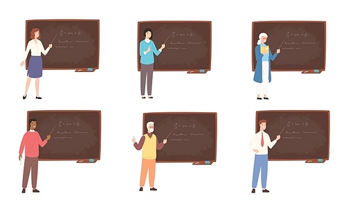 Collection of male and female school or college teachers, professors, education workers standing beside chalkboard, holding pointer and teaching. Colorful vector illustration in flat cartoon style.