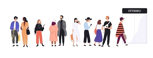 Men and women dressed in trendy clothes standing in line or queue in front of shop entrance doors. Stylish people waiting for store, boutique or showroom opening. Flat cartoon vector illustration