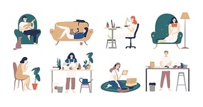 Bundle of young men and women spending weekend at home - playing guitar, eating sushi, reading books, surfing internet, listening to music, cooking. Colored vector illustration in flat cartoon style