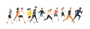 Men and women dressed in sports clothes running marathon race. Participants of athletics event trying to outrun each other. Flat cartoon characters isolated on white background. Vector illustration